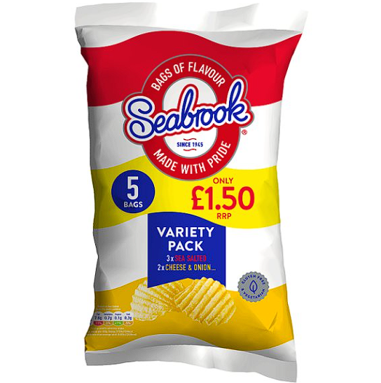 case of 8,  5 packs of crisps per case. Seabrook .