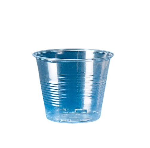small, clear plastic water cups.